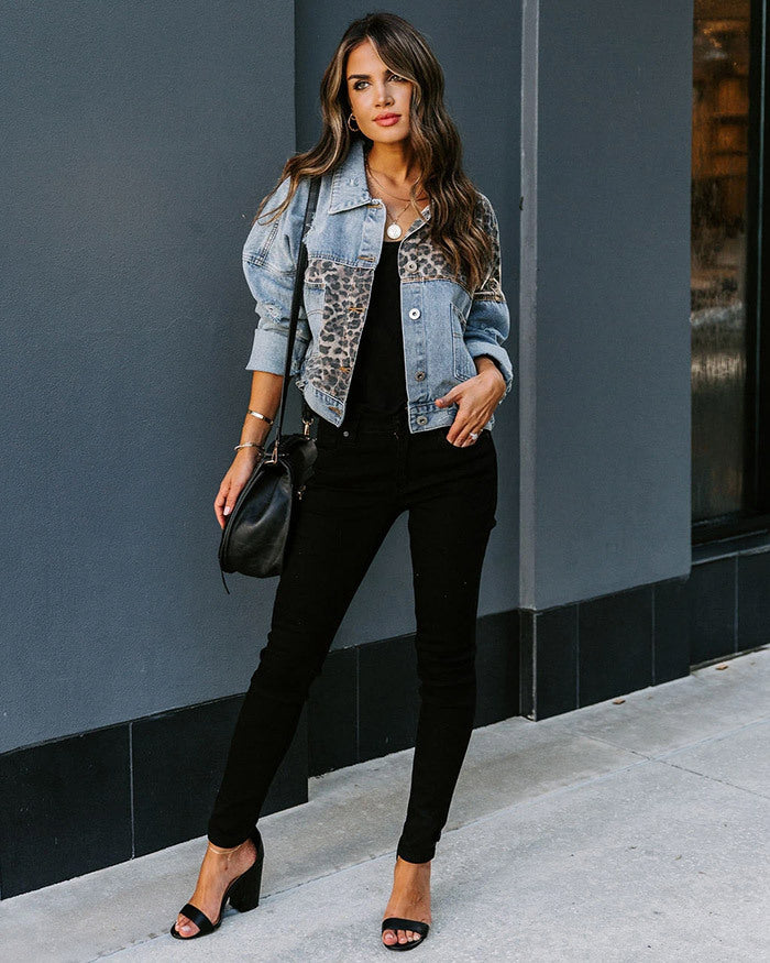 Clair Paris ™ | Veste en jean patchwork imprimé léopard